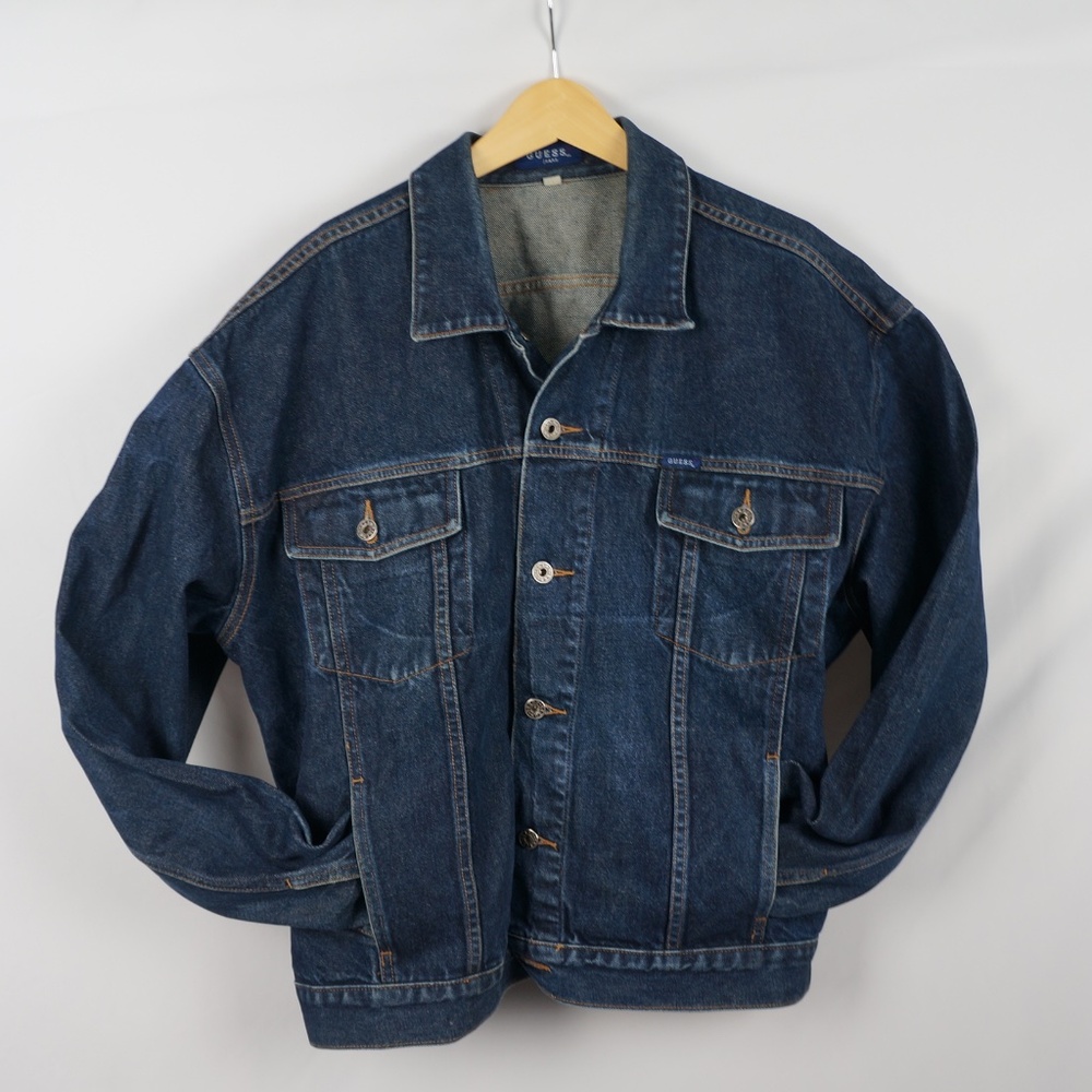 Vintage Guess Denim Trucker Jacket, Dark Wash, Made in USA, Womens 3X